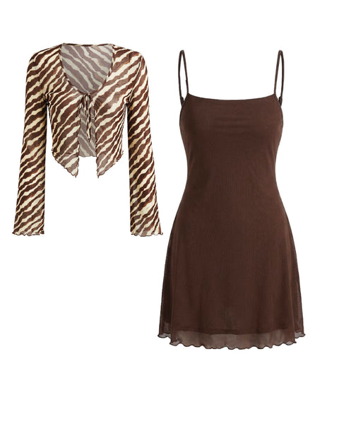 Animal Print Tie Front Shrug with Cami Mini Dress Co-Ord in Cocoa Brown