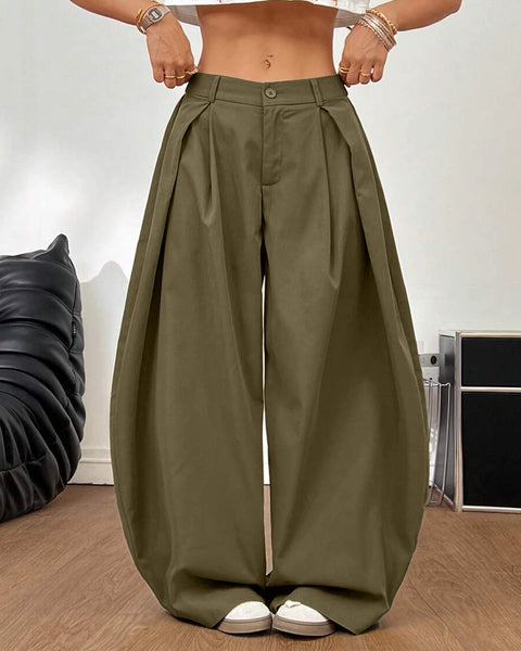 High Waist Pleated Wide Leg Trousers in Olive Green