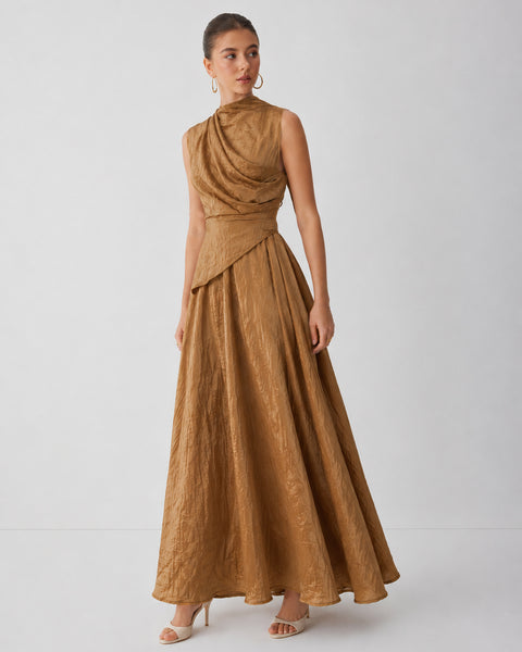 High Neck Draped Sleeveless Pleated Maxi Dress in Caramel Brown