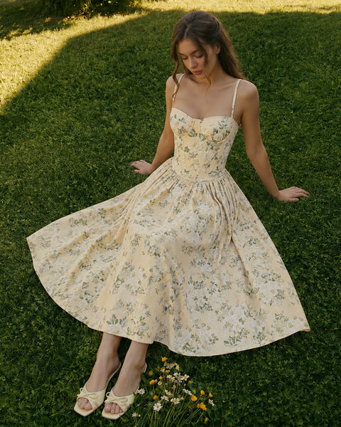 Floral Smocked Maxi Dress in Cream and Deep Sea Green