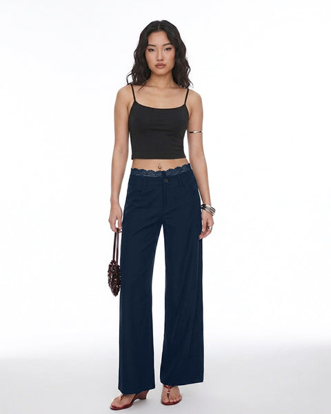 High Waist Wide Leg Trousers in Dark Navy Blue