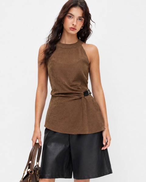 Ruched High Neck Sleeveless Peplum Top in Mocha Brown