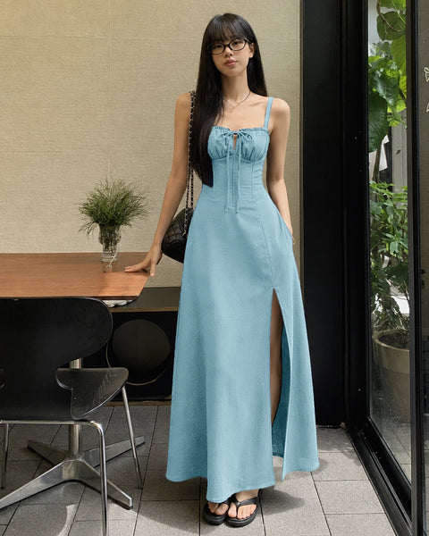 Spaghetti Strap Ruched Bust Slit Midi Dress in Sky Blue