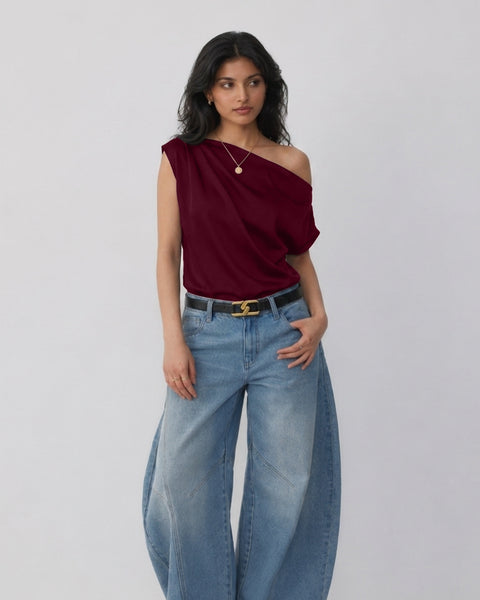 One Shoulder Draped Satin Top in Wine Maroon