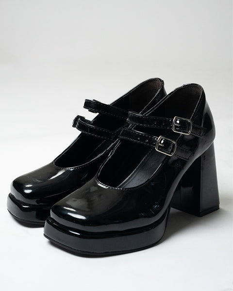 Double Strap Mary Jane Block Heels in Black