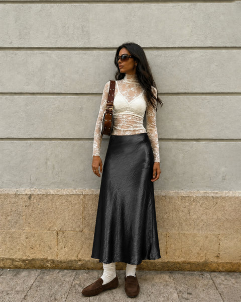 High Waist Satin Midi Skirt in Jet Black