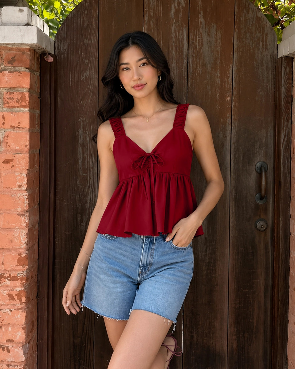 Tie Front Peplum Cami Top in Crimson Red- Littlebox India