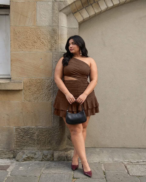 One Shoulder Cut-Out Ruffle Hem Mini Dress Curve & Plus in Shimmer Brown