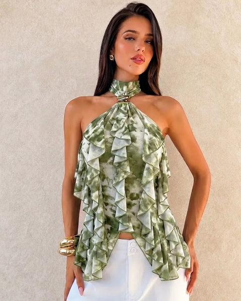 Halter Neck Asymmetric Ruffle Hem Top in Olive Green