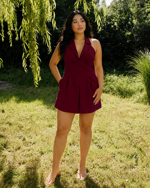 Collared Halter A-Line Mini Dress Curve and Plus in Burgundy