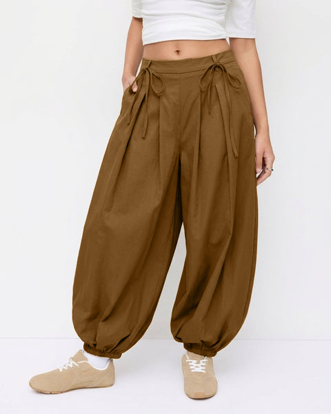 Tie Waist Balloon Trousers in Caramel Brown