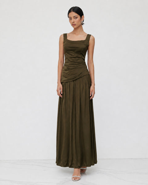 Ruched Fit and Flare Maxi Dress in Cocoa Brown