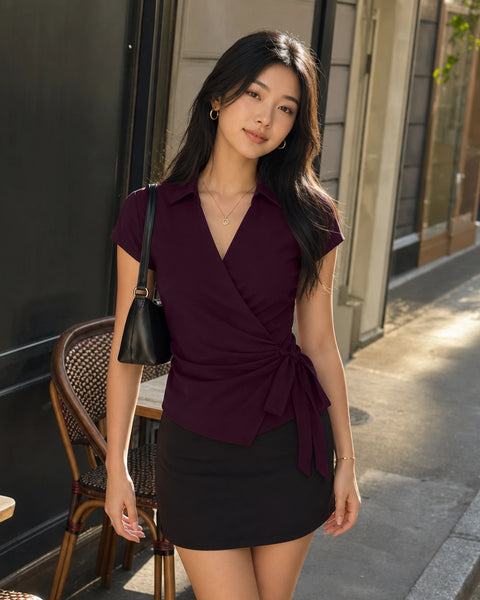 Collared Wrap Tie Waist Top in Deep Wine