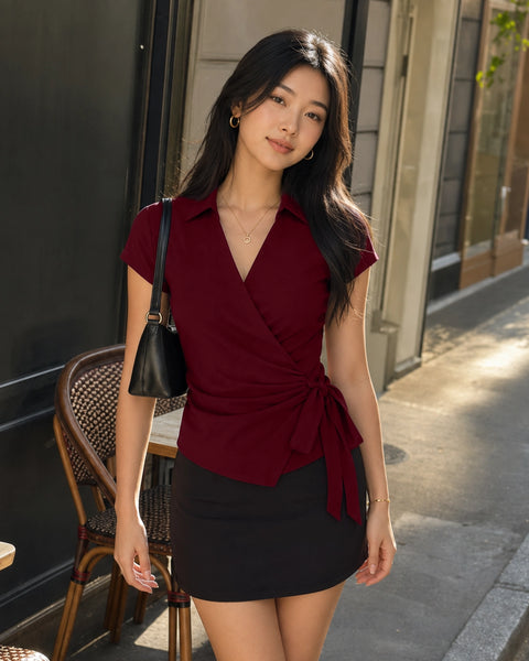 Collared Wrap Tie Top in Burgundy