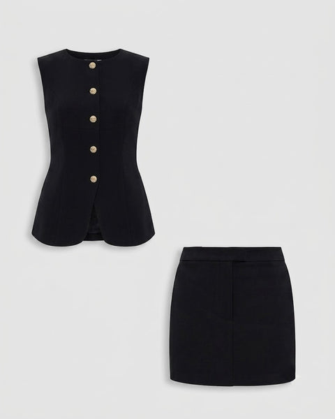 Button Down Vest Top and Mini Skirt Co-Ord Set in Classic Black