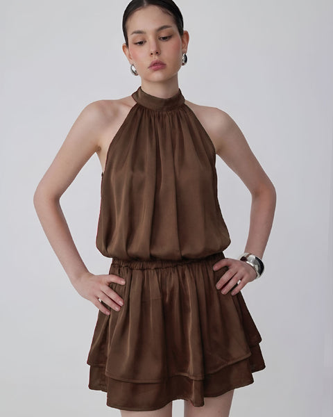 Tiered Halter Mini Dress in Chocolate Brown