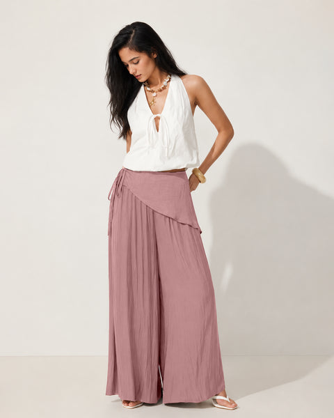 Wrap Overlay Wide Leg Trousers in Dusty Pink