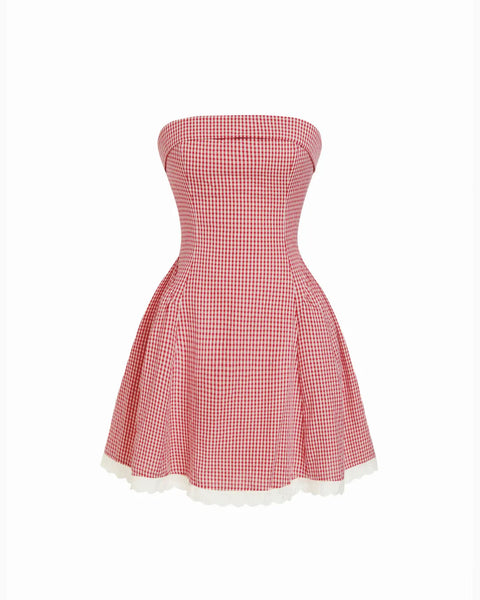 Gingham Strapless Fit and Flare Mini Dress in Classic Red