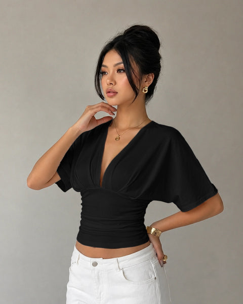Blouson Ruched Waist Top in Classic Black