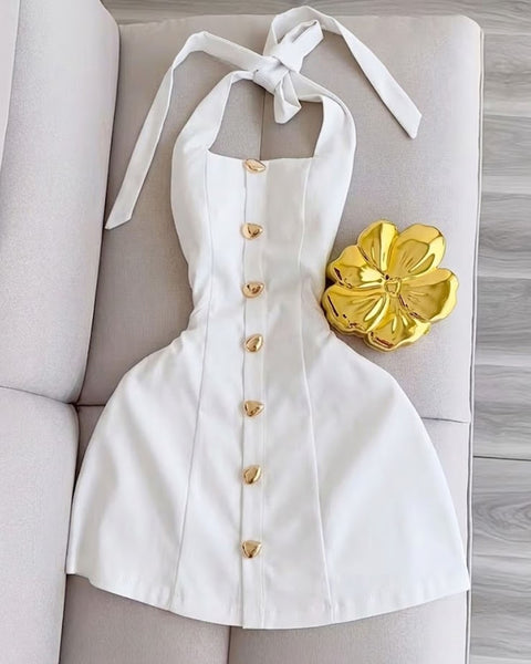 Button Detail Halter Fitted Mini Dress in Classic White