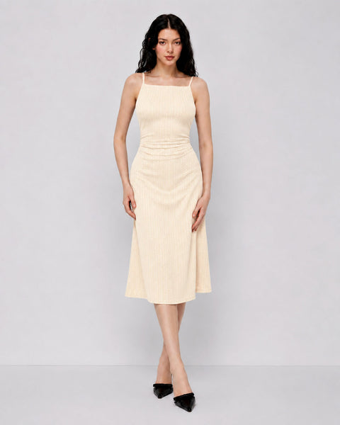 Ribbed Square Neck Midi Dress in Cream