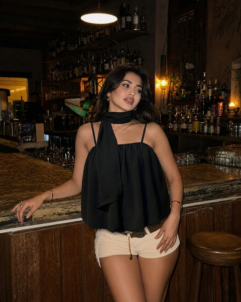 Ruched Bubble Hem Cami Top in Classic Black
