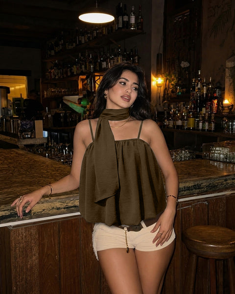 Ruched Bubble Hem Cami Top in Cocoa Brown