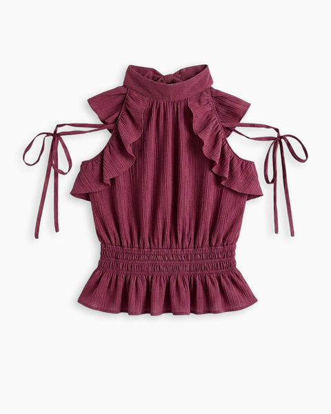 Ruffle Trim Tie Neck Top in Wine Maroon