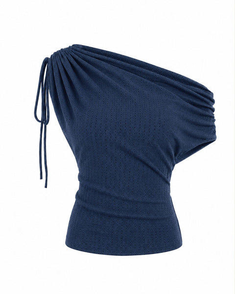 Ruched Asymmetrical Off Shoulder Top in Dark Navy Blue