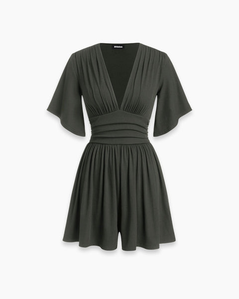 Ruched Plunge Neck Flutter Sleeve Romper in Charcoal Grey