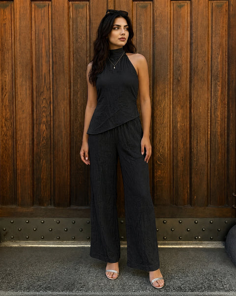 Mock Neck Asymmetric Top and Wide Leg Trousers Co-Ord Set in Soft Black