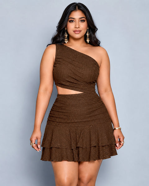 One Shoulder Cut-Out Ruffle Hem Mini Dress Curve and Plus in Espresso Brown