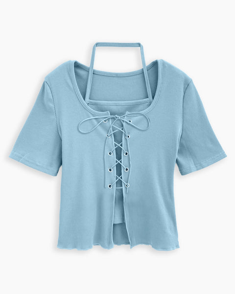 Tie Front Scoop Neck Ribbed Top in Baby Blue