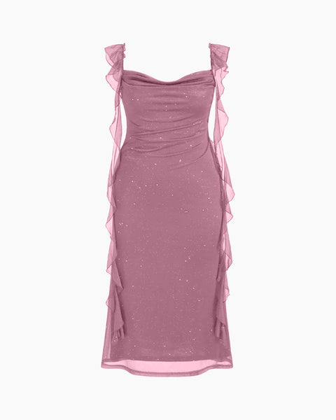 Ruched Ruffle Mesh Sleeveless Bodycon Midi Dress Curve and Plus in Dusty Pink