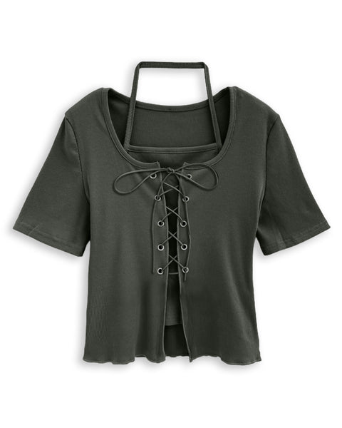 Tie Front Scoop Neck Ribbed Top in Dark Grey