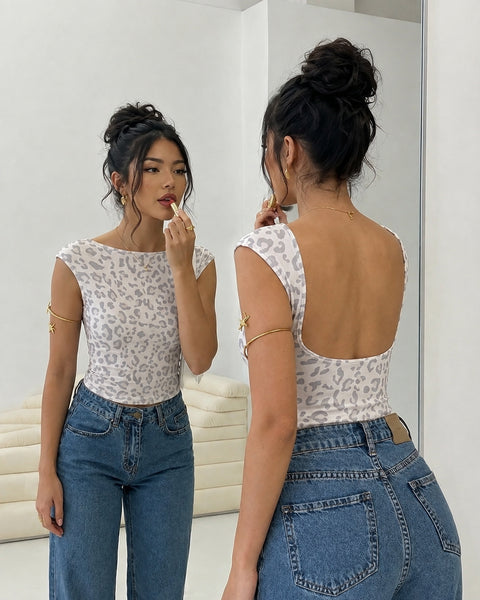 Animal Print Open Back Top in Ivory