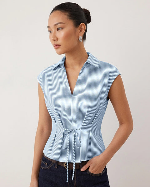 Collared Sleeveless Tie Waist Peplum Top in Baby Blue