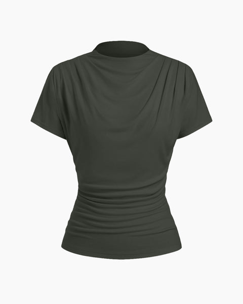 Draped Mock Neck Fitted Top in Dark Grey