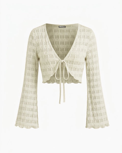 V Neck Tie Detail Crop Top in Sand Beige