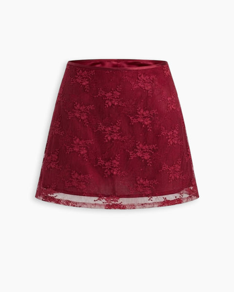 Lace-Trim A-Line Mini Skirt in Merlot
