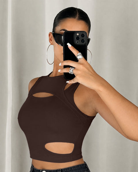 Cut Out Sleeveless Crop Top in Cocoa Brown