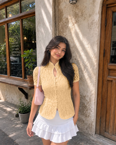 Mandarin Collar Lace Button Front Top in Vanilla