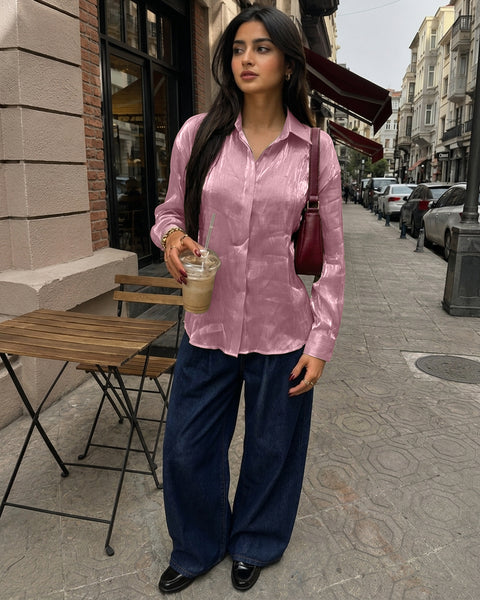 Sheer Crinkle Button Front Shirt in Lilac