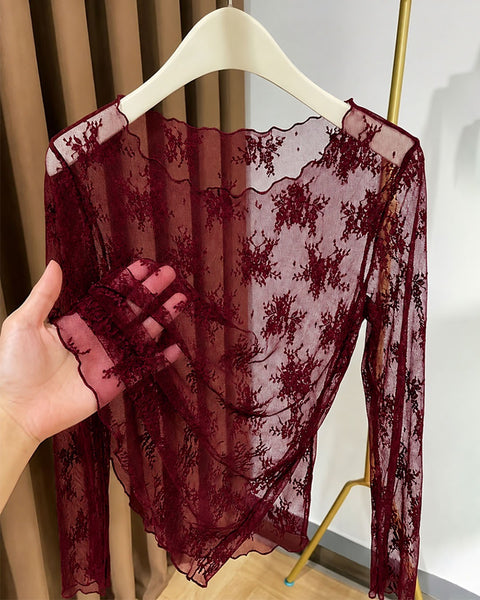 Sheer Round Neck Long Sleeve Top in Red