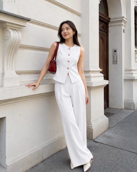 Sleeveless Golden Buttons Top And Flowy Wide-Leg Pants Set in Classic White