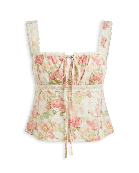 Floral Lace Trim Tie Front Cami Top in Pearl White