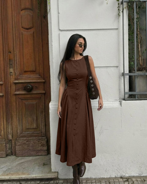 Button Front Sleeveless Fit and Flare Midi Dress in Rust Brown