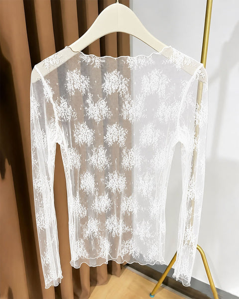 Sheer Round Neck Long Sleeve Top in Classic White