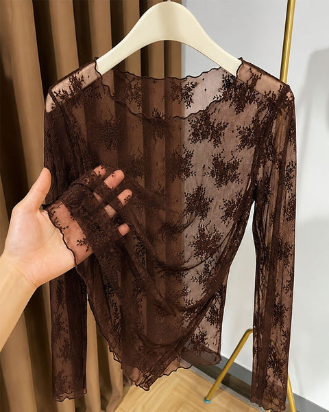 Sheer Round Neck Long Sleeve Top in Chocolate Brown