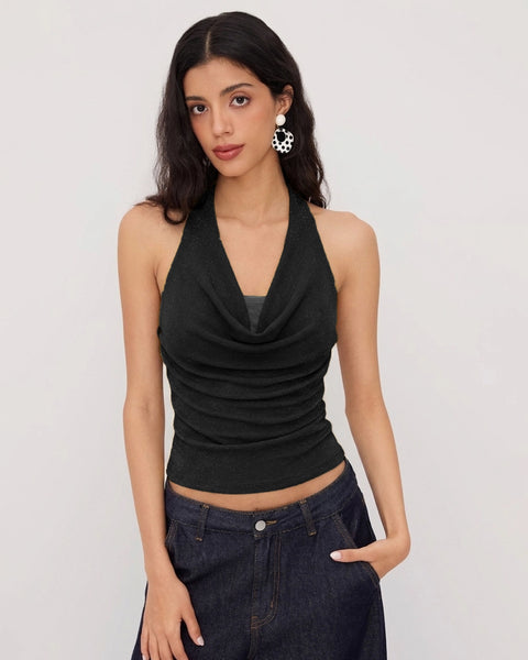 Cowl Neck Sleeveless Draped Knit Top in Classic Black